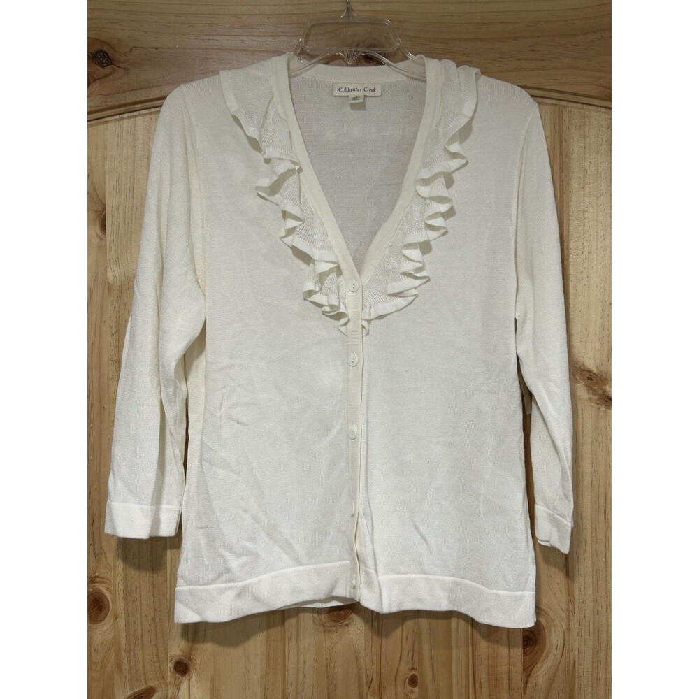 Coldwater Creek Cardigan Medium Cream Button Up V Neck Ruffles 3/4 Sleeves M